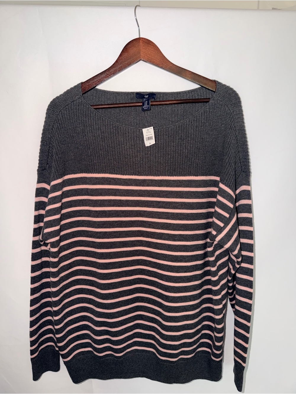 GAP Gray Crewneck Sweater with Pink Stripes